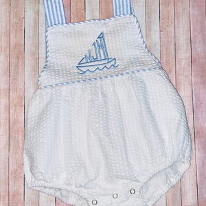 Baby boy bubble, baby blue monogrammed outfit, personalized seersucker sunsuit, seersucker romper, first birthday outfit, pictures