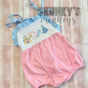 Pink and blue princess sunsuit, monogrammed castle bubble, personalized romper, girls first birthday, baby outfit, Dress castle wand shoe
