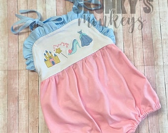 Pink and blue princess sunsuit, monogrammed castle bubble, personalized romper, girls first birthday, baby outfit, Dress castle wand shoe