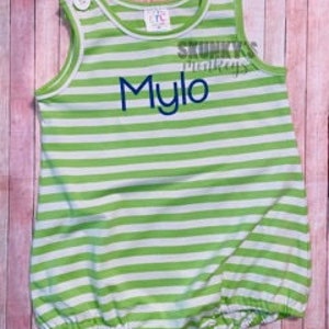 Baby boy bubble romper, Navy monogrammed bubble, personalized striped romper, baby boy monogrammed outfit