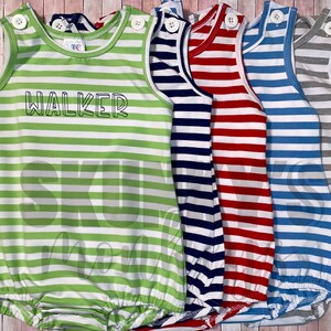 Baby boy bubble romper, Navy monogrammed bubble, personalized striped romper, baby boy monogrammed outfit