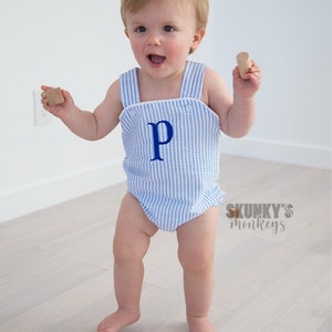 Baby boy bubble, baby boy monogrammed outfit, personalized seersucker sunsuit, gingham romper, first birthday outfit, pictures
