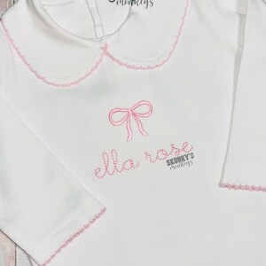 Baby Girl Outfit, Newborn Clothing, Coming Home Outfit, First Easter Outfit, Monogrammed Footie Romper with Collar, Pink Baby Shower Gift image 5