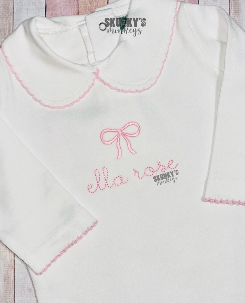 Baby Girl Outfit, Newborn Clothing, Coming Home Outfit, First Easter Outfit, Monogrammed Footie Romper with Collar, Pink Baby Shower Gift image 5