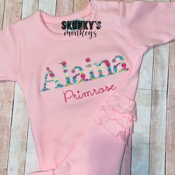 Baby Girl Baptism Outfit, Dedication Outfit, Christening Outfit, First Easter Outfit, Monogrammed Footie Romper, Pink Baby Shower Gift