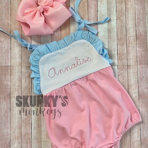 Pink and blue bubble romper, monogrammed bubble, personalized romper, girls first birthday, baby girls outfit