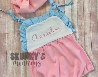 Pink and blue bubble romper, monogrammed bubble, personalized romper, girls first birthday, baby girls outfit