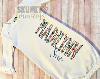 Monogrammed Baby Gown, Baby Girl Gown, Personalized Baby Gown, Baby Coming Home Outfit, Baby Shower Gift, Ruffle Sleeve Baby Gown