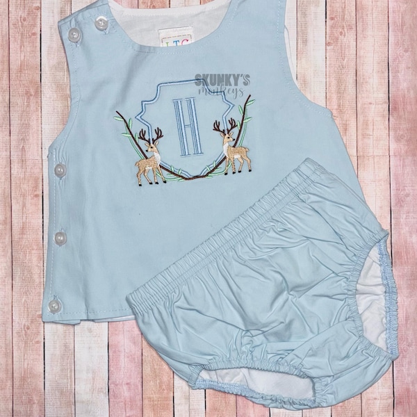Boys Monogrammed Fall Deer Hunting Outfit, diaper set,Personalized Embroidered Vintage Bloomer set,Matching Sibling Outfit, baby shower gift