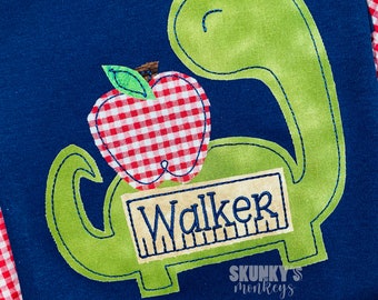 Boys Back to School Shirt, First Day of School Shirt, Boys Kindergarten Shirt, Preschool dinosaur apple shirt, Personalized Appliqué shirt,
