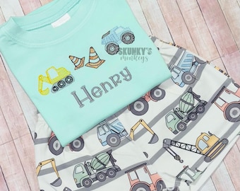 Boys Summer Shirt and Short Set, Birthday Shirt, Custom Construction Cars, Personalized Embroidered Shirt, tractor, dump truck, excavator