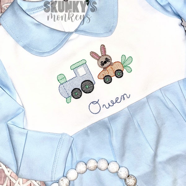 Baby Boy Easter Outfit, Monogrammed Footie Romper, Personalized Bunny Train Outfit, Baby Shower Gift, Newborn Pictures, First Easter