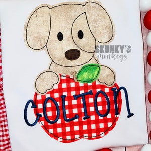 Boys Back to School Shirt, First Day of School Shirt, Boys Kindergarten Shirt, Puppy with apple shirt, Personalized Appliqué Outfit
