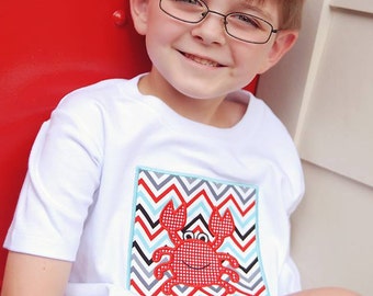 Chevron box with crab applique shirt monogram name boys summer shirt