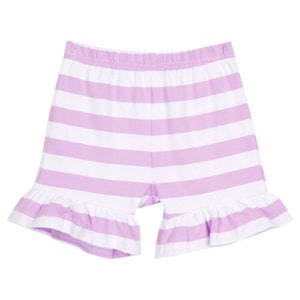 May include: Purple and white striped shorts with a ruffled hem.