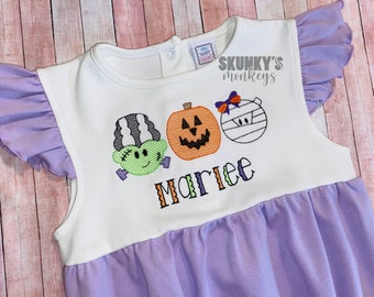 Baby Girls bubble romper, Halloween outfit, Pumpkin shirt, ruffle neck dress, personalized sunsuit, pink apron set, birthday pictures, Fall