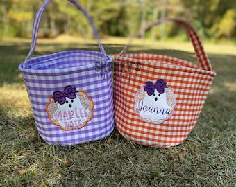 Personalized Halloween Bucket, Girls Halloween Bag, Boys Candy Bag, Gingham Tote Bag, Monogrammed Halloween Bucket, Kids Halloween Basket