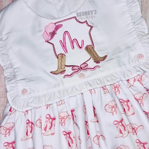 Monogrammed Bishop Bubble, Sleeveless Bib, Girls Romper, Baby Girls Dress, Western outfit birthday first Rodeo cowgirl boots, sibling set