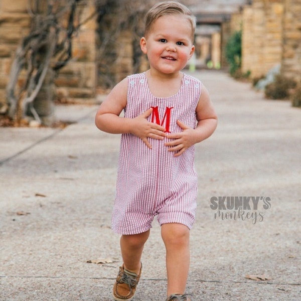 Baby boy outfit, seersucker romper, Jonjon, monogrammed baby boy bubble romper, boy picture outfit, First birthday outfit, cake smash outfit