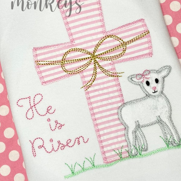 Girls Easter Shirt, Girls Easter Outfit, He is Risen Lamb with Cross appliqué, Custom Personalized, Kids Easter Outfit