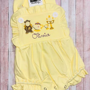 Yellow and peach princess sunsuit, monogrammed castle bubble, personalized romper, girls first birthday, baby outfit, Dress castle teapot