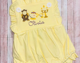 Yellow and peach princess sunsuit, monogrammed castle bubble, personalized romper, girls first birthday, baby outfit, Dress castle teapot