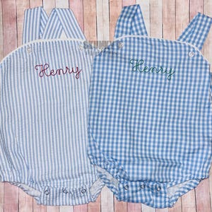 Baby boy bubble, baby boy monogrammed outfit, personalized seersucker sunsuit, gingham romper, first birthday outfit, pictures