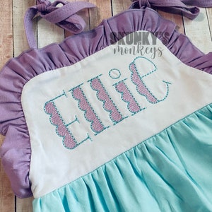 Girls Sunsuit, Personalized Bubble, Monogrammed Romper, baby girl clothing, first birthday outfit, birthday gift, purple and green