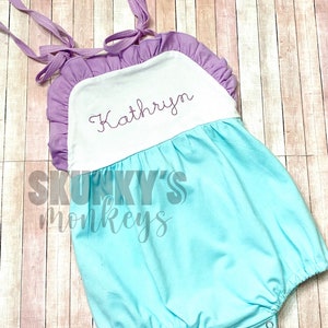 Girls Sunsuit, Personalized Bubble, Monogrammed Romper, baby girl clothing, first birthday outfit, birthday gift, purple and green
