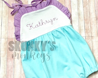 Girls Sunsuit, Personalized Bubble, Monogrammed Romper, baby girl clothing, first birthday outfit, birthday gift, purple and green