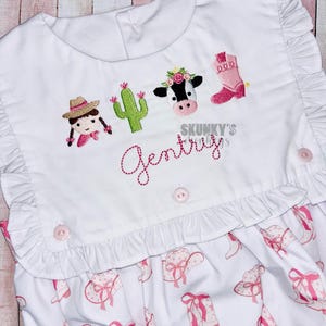 Monogrammed Bishop Bubble, Sleeveless Bib, Girls Romper, Baby Girls Dress, Western outfit birthday first Rodeo cowgirl boots, sibling set