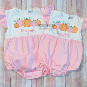 Baby Girls bubble romper Halloween outfit Pumpkin shirt ruffle neck dress personalized sunsuit pink apron set birthday pictures Fall