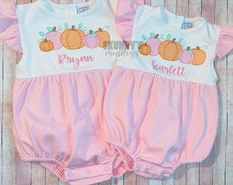 Baby Girls bubble romper Halloween outfit Pumpkin shirt ruffle neck dress personalized sunsuit pink apron set birthday pictures Fall