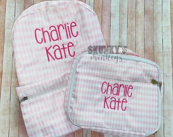 Monogrammed wipeable Nylon Backpack and matching lunchbox, Personalized Embroidered School Bag, Toddler, Girls, Boys, pink gingham
