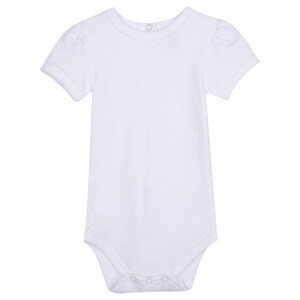May include: A white short-sleeved bodysuit with a round neckline.