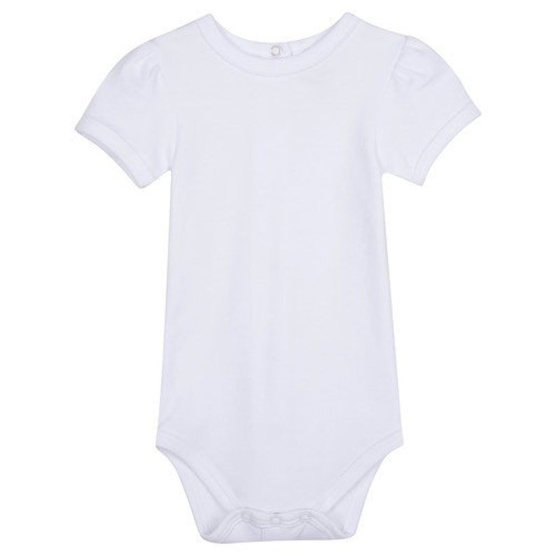 May include: A white short-sleeved bodysuit with a round neckline.