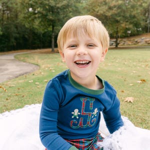 Monogrammed Childrens Christmas Pajamas, Boys Girls Unisex, Sibling set matches, Parent, mom dad Matching family Jammies, Red white stripe