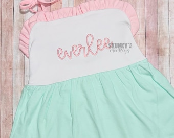 Pink and mint sunsuit, monogrammed bubble, personalized romper, girls first birthday, baby outfit, beach outfit, beach dress