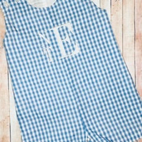 Baby boy outfit, gingham romper, Jonjon, monogrammed baby boy bubble romper, boys picture outfit, First birthday outfit, cake smash outfit