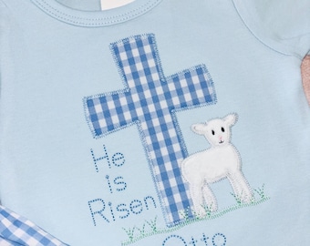 Boys Easter Shirt, He is Risen Outfit, Easter Cross Embroidery, Custom Personalized, Kids Religious Shirt