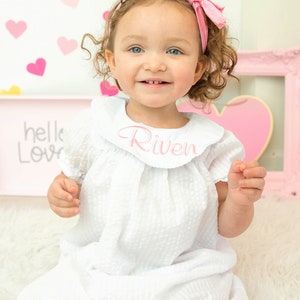 Girls Monogrammed Dress, Short Sleeve   Bishop, Personalized Embroidered, Matching Toddler Sibling Outfit, Easter Dress, Church Dress,