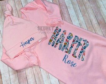 Monogrammed Baby Gown, Baby Girl Gown, Personalized Baby Gown, Baby Coming Home Outfit, Baby Shower Gift, Ruffle Sleeve Baby Gown