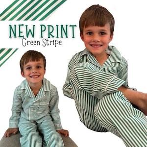Monogrammed Childrens Christmas Pajamas, Girls Unisex, Sibling set, Parent, mom dad Matching family Jammies, Lounge pant set, green stripe