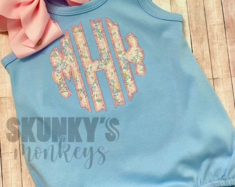 Blue floral bubble romper, monogrammed bubble, personalized romper, girls first birthday, baby girls outfit