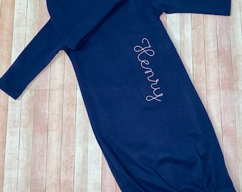 Monogrammed Baby Gown, Baby Boy Bubble, Personalized Baby Gown, Baby Coming Home Outfit, Baby Shower Gift, Navy Baby Gown