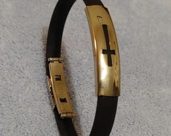 Vintage Gold Black Silicone Religious Holy Cross Bracelet