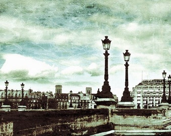 Paris Pont Neuf Photo - Travel Photography - Watercolor Effect - Urban Art - Turquoise - Blue - Texture - Textured Clouds - River Seine