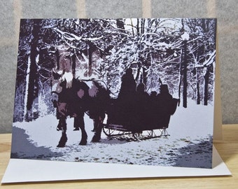 Set of 5 Christmas Cards - Horse and Sleigh - Winter Scene - Snow - Horse Drawn Sled - Season's Greetings - Winter in Montreal - Blank Card