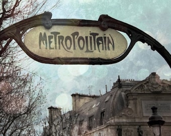 Paris Metro Sign - Vintage Paris Photography - Metropolitain - Textured Bokeh Art - Aqua Blue - Chic Home Decor