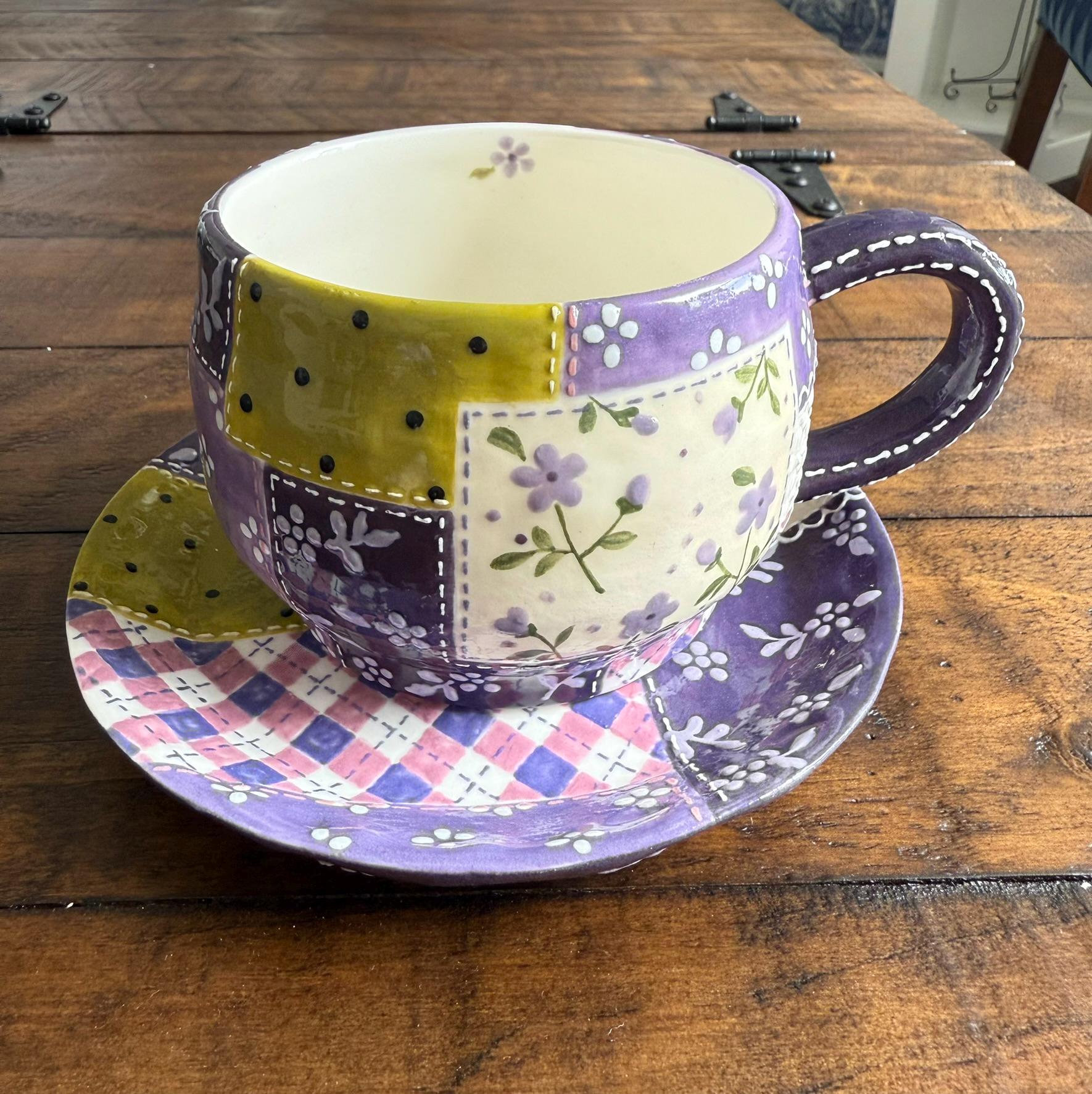 Hand-Painted Quilting Style Ceramic Cup and Saucer - On-Glaze Porcelain Paints, Unique Set |  coffee mugs, coffee cup, tea cups, saucer